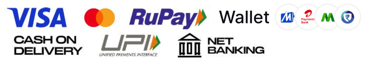 Accepted Payment Methods including Visa, Mastercard, RuPay, UPI, Net Banking, Wallets, and Cash on Delivery